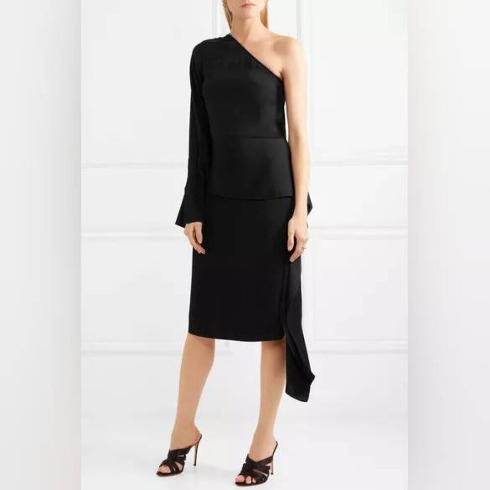 Stella McCartney Black Cady Stretch One-Shoulder Draped-Peplum Midi Dress